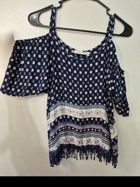 RD Style Boho Cold Shoulder Top Fringe Hem Navy Teal Flowy Small
